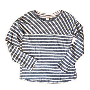 Arizona Jean Co Blouse LARGE Pullover Striped Blue White Rayon Blend Long Sleeve